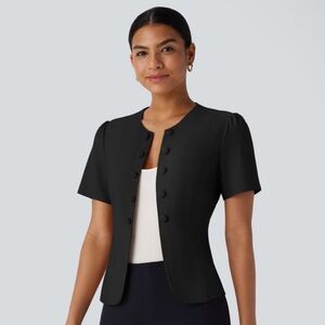 Round Neck Short Sleeve Decorative Slim Work Linen-Feel Jacket